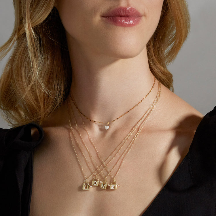 Image of 14K Yellow Gold Love Lock Diamond Initial Charm with Stone and Strand Necklaces