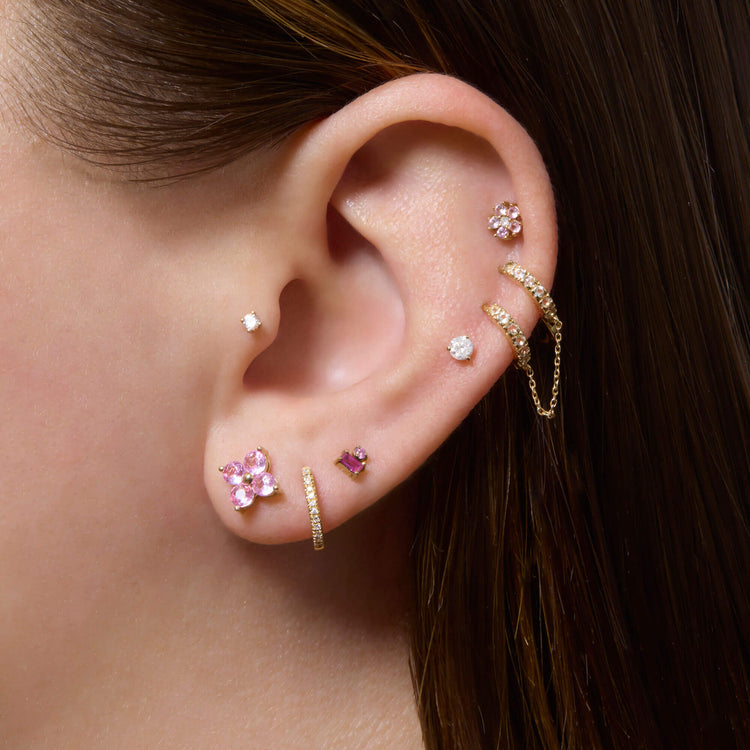 Image of 10K Yellow Gold Luckiest Clover Pink Sapphire Studs with Stone and Strand Earrings