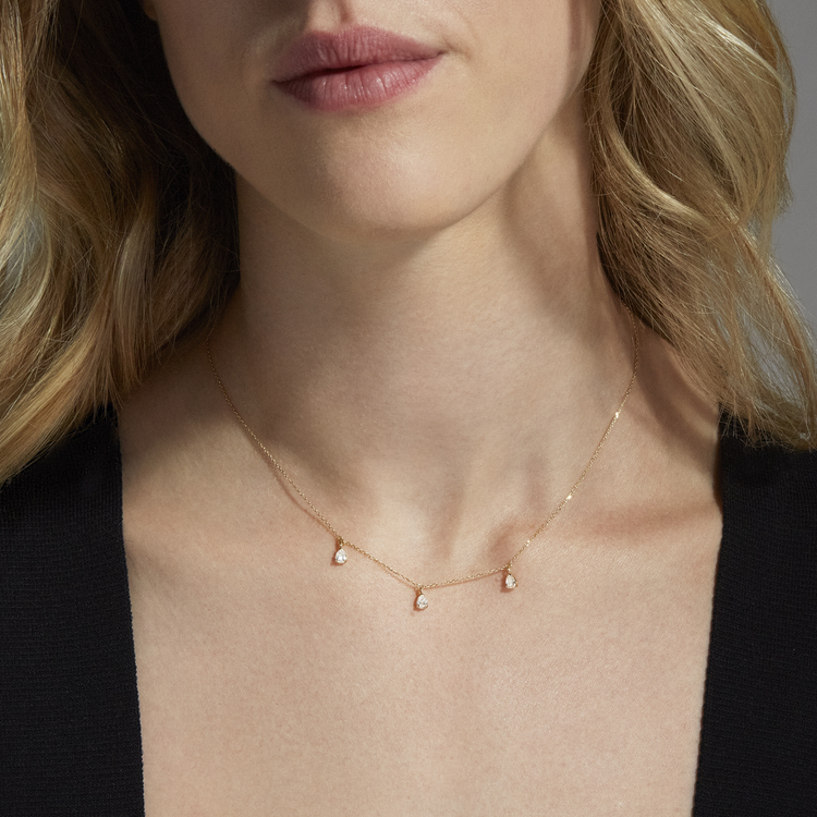 Image of 14K Yellow Gold Lab-Created Diamond Droplets Necklace on Models Neck
