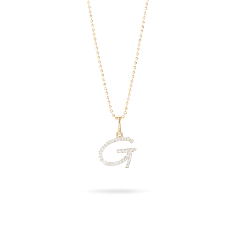 Stone and Strand 10K Yellow Gold Large Pave Scripted Initial Charm Diamond Necklace Close Up Image