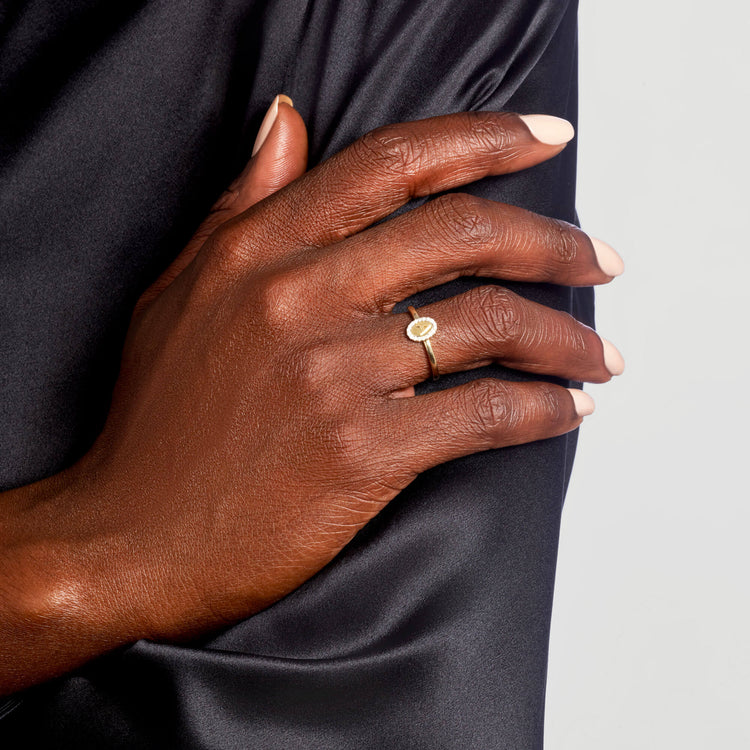 Image of 10K Yellow Gold Marquee Diamond Initial Ring on Models Hand