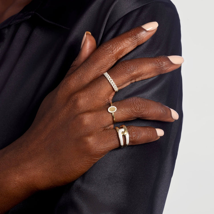 Image of 10K Yellow Gold Marquee Diamond Initial Ring with Stone and Strand Rings