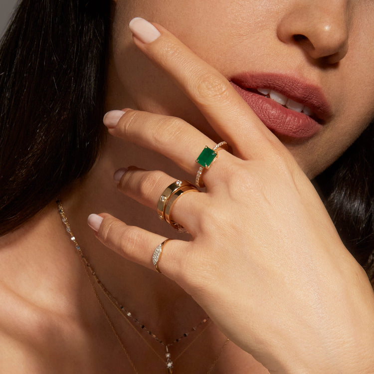 Model wearing Midnight Band 3mm with solid gold Stone and Strand jewelry