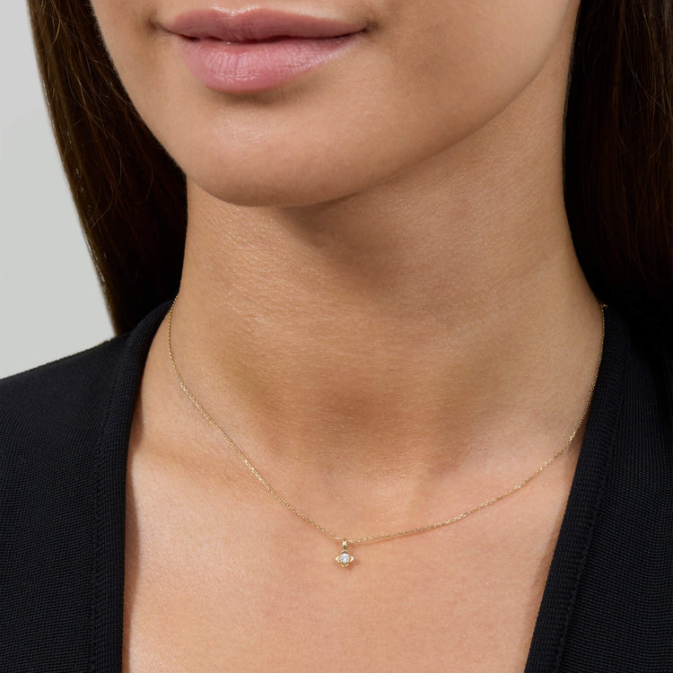 Image of 14K Yellow Gold Mini Diamond Clover Choker Necklace on Models Neck
