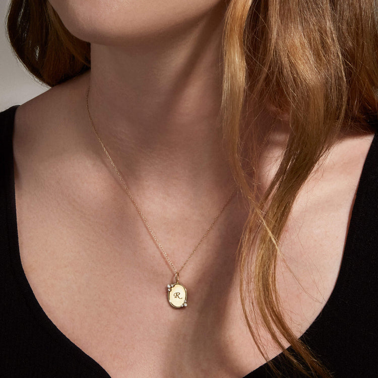 Image of 10K Yellow Gold Mirror, Mirror Initial Necklace on Models Neck