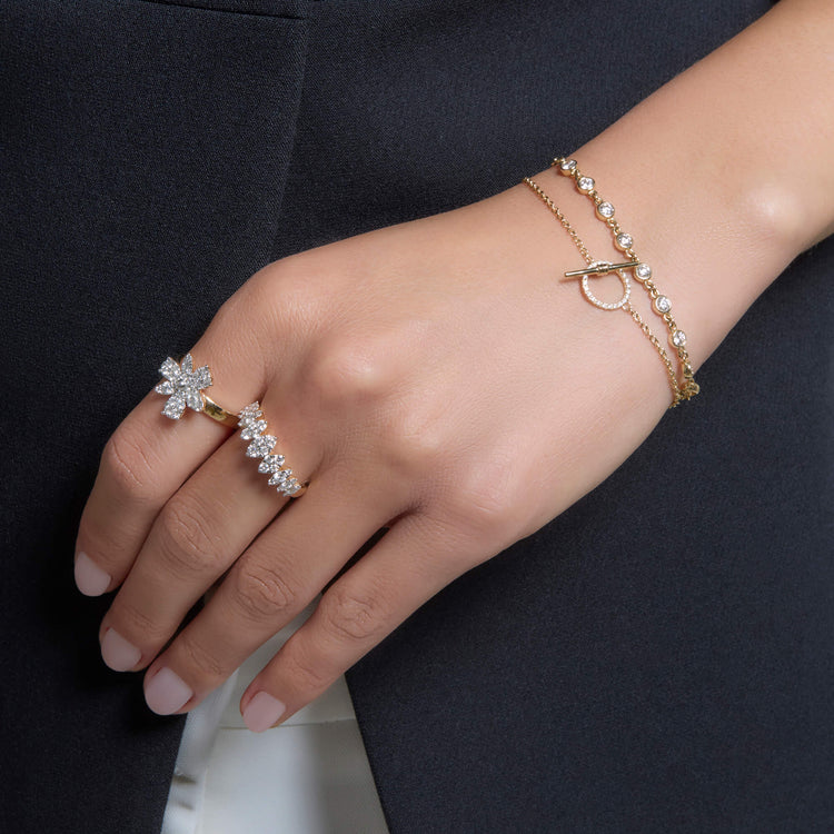 Model wearing Diamond Toggle Link Bracelet with solid gold Stone and Strand jewelry