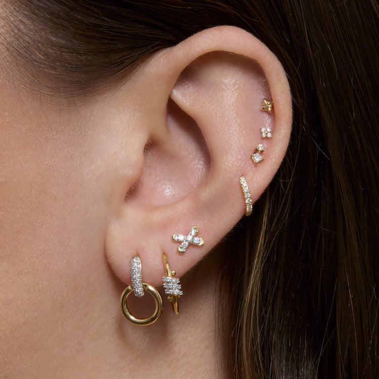 Image of 14K Yellow Gold Diamond Cross Stitch Studs with Stone and Strand Earrings