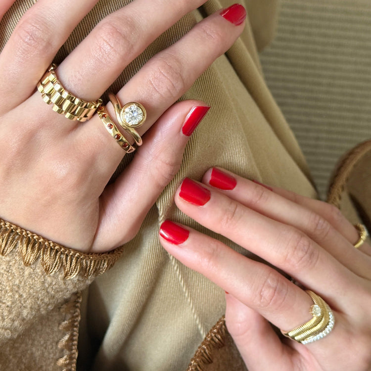 Image of 10K Yellow Gold Fauvist Form Garnet Ring with Stone and Strand Rings