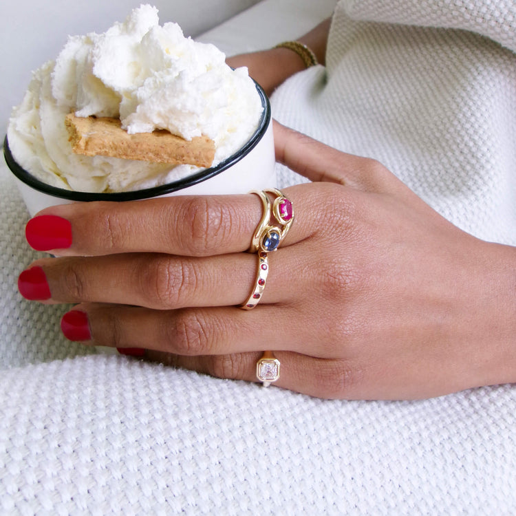 Image of 14K Yellow Gold LAB-Created Asscher Icon Pinky Ring with Stone and Strand Rings