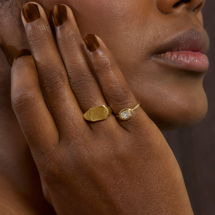 Image of 14K Yellow Gold LAB-Created Oval Icon Pinky Ring with Stone and Strand Rings