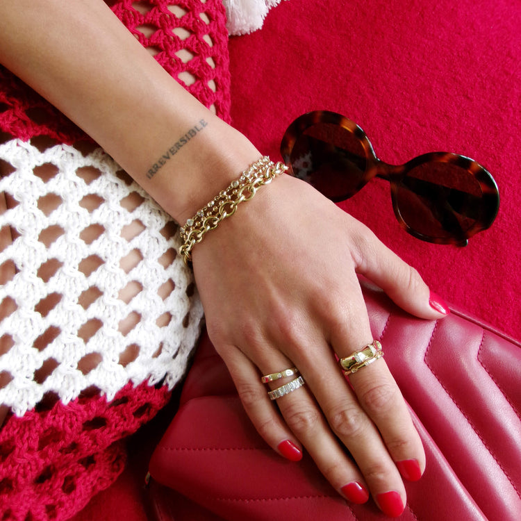 Model wearing Pave Bamboo Eternity Ring with solid gold Stone and Strand jewelry