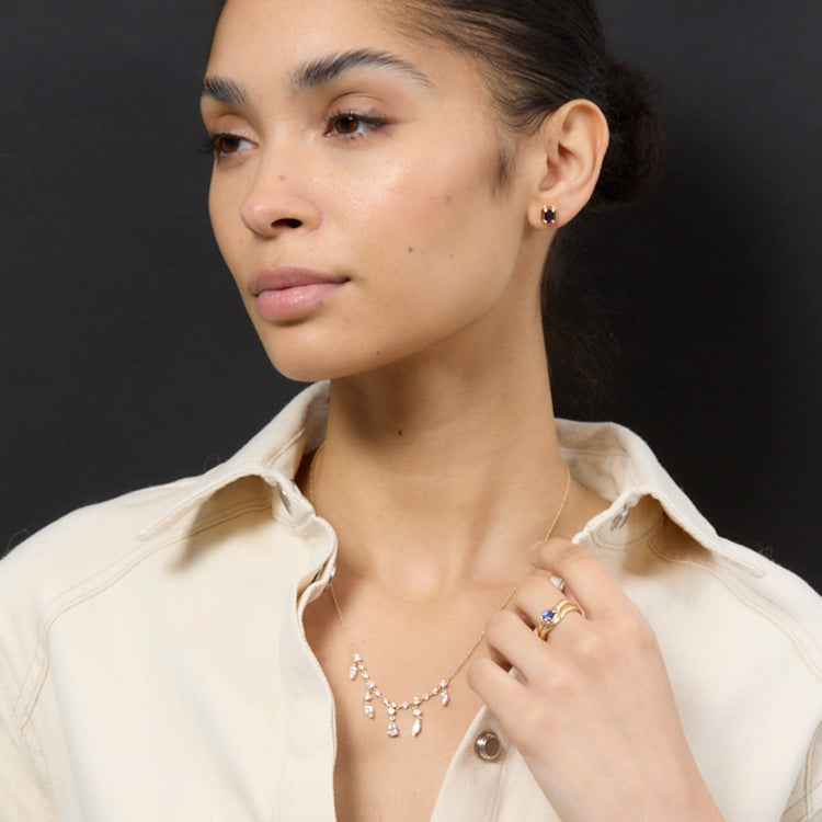 Model wearing Lab-Created Diamond Dangle Choker with solid gold Stone and Strand jewelry