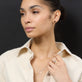 Model wearing Birthstone Emerald Cut Bonbon Studs with solid gold Stone and Strand jewelry