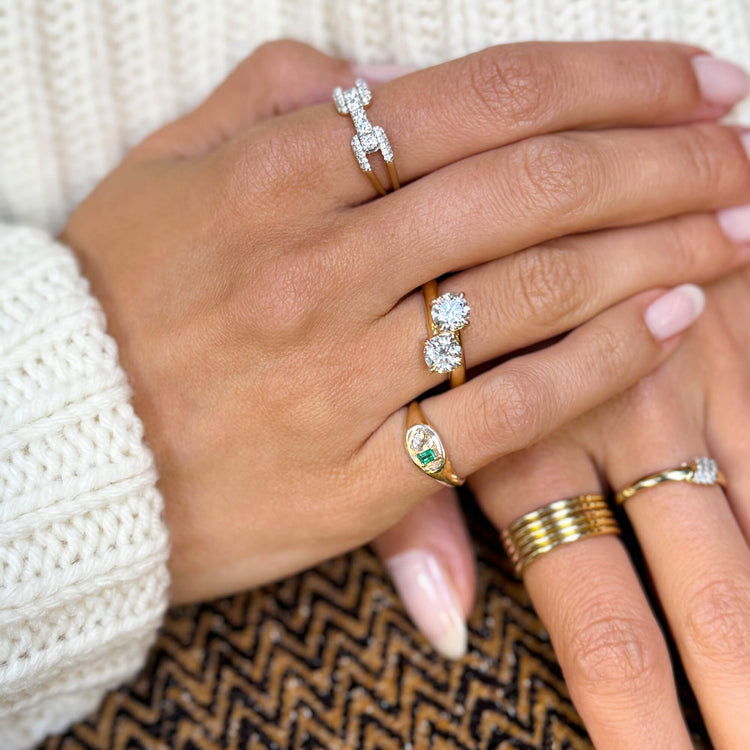 Image of 10K Yellow Gold Emerald Luxe Pinky Signet Diamond Ring with Stone and Strand Rings