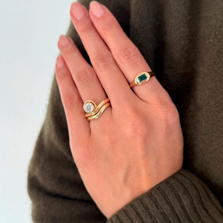 Image of 14K Yellow Gold Emerald Cut Birthstone Signet with Stone and Strand Rings