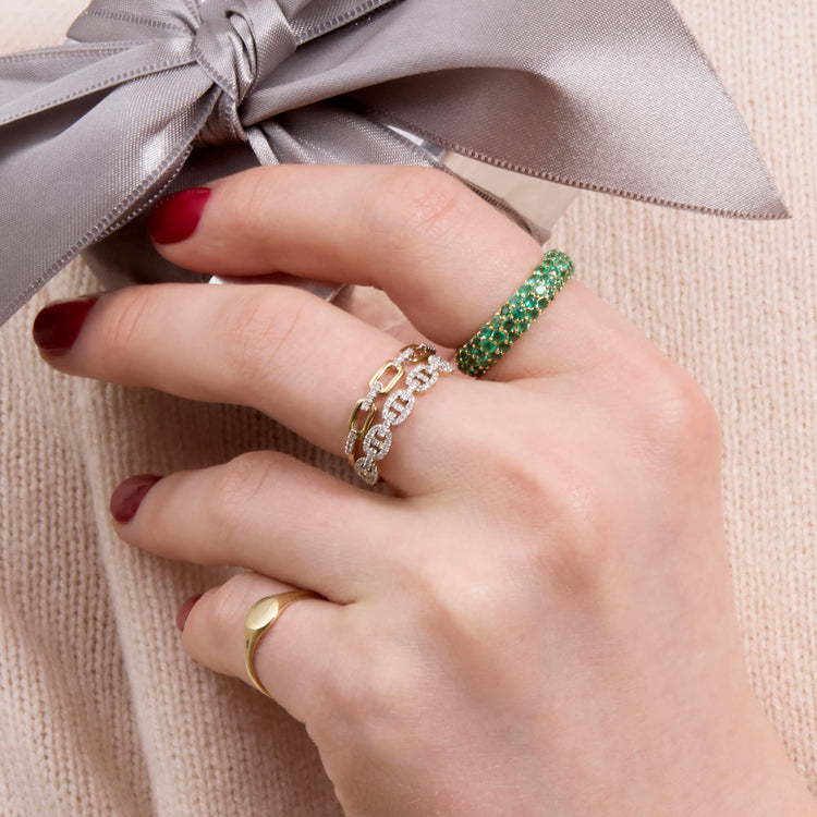 Image of 14K Yellow Gold Pave Emerald Cigar Band with Stone and Strand Rings