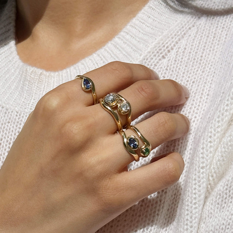 Image of 10K Yellow Gold Sapphire Raindrop Merge Ring with Stone and Strand Rings