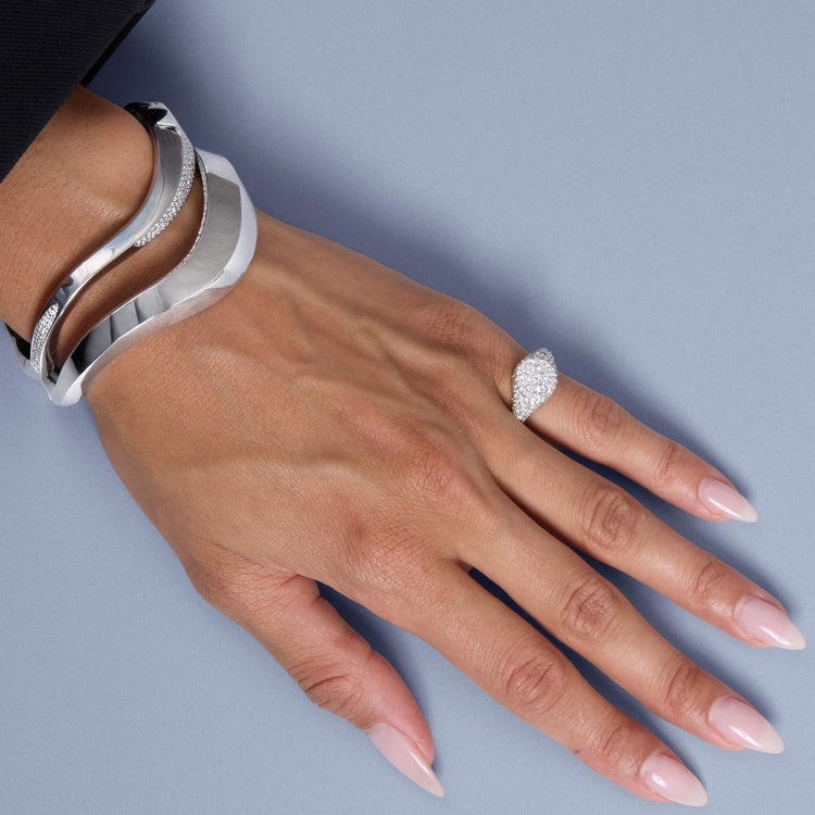 Model wearing The Standard LAB-Created Diamond Silver Signet with solid gold Stone and Strand jewelry