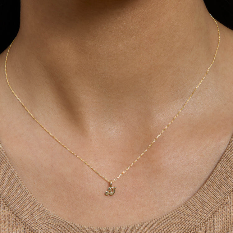 Image of 14K Yellow Gold Mojo Mini Initial Necklace on Models Neck