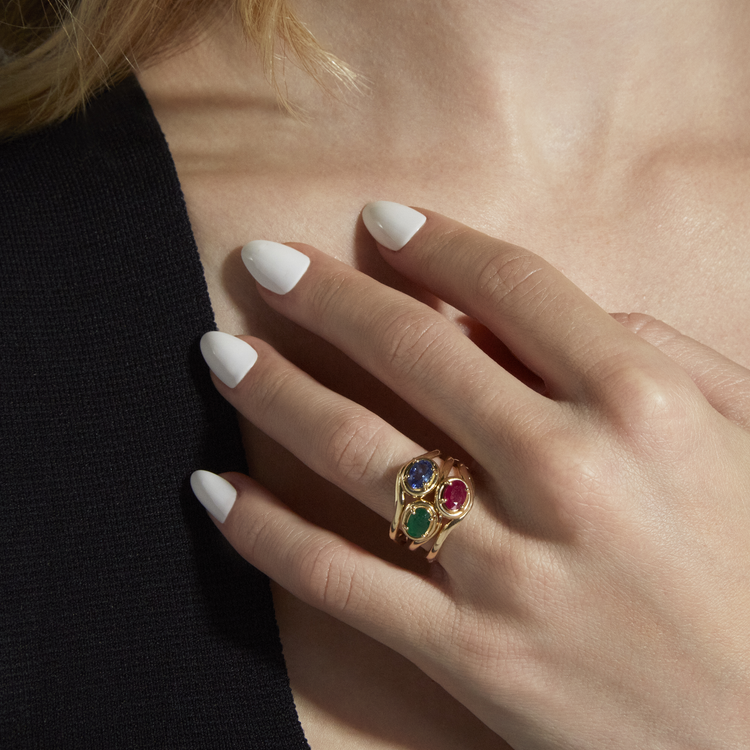 Image of 10K Yellow Gold Ruby Bonbon Merge Ring with Stone and Strand Rings