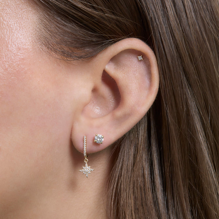 Image of 14K Yellow Gold Northern Star Pave Huggies with Stone and Strand Earrings