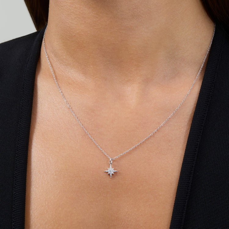 Image of 14K White Gold Northern Star Pave Necklace on Models Neck