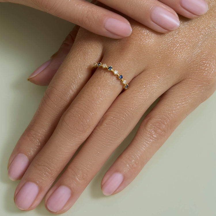 Image of 10K Yellow Gold Out Of The Blue Diamond Ring with Blue Sapphire on Models Hand