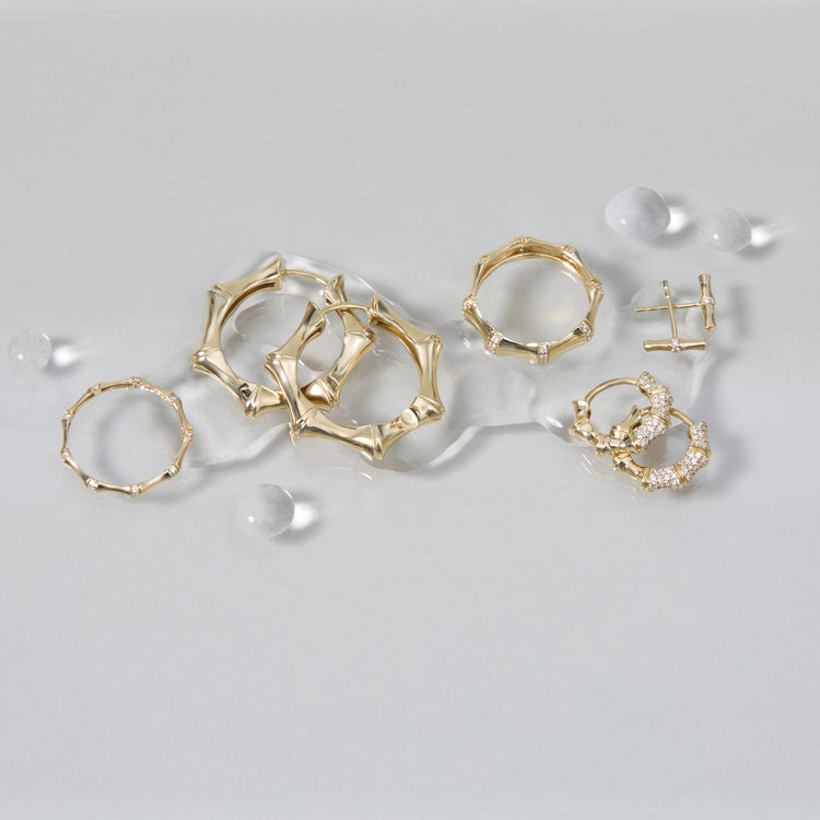 Still life image of Diamond Bamboo Resort Hoops with Stone and Strand solid gold jewelry