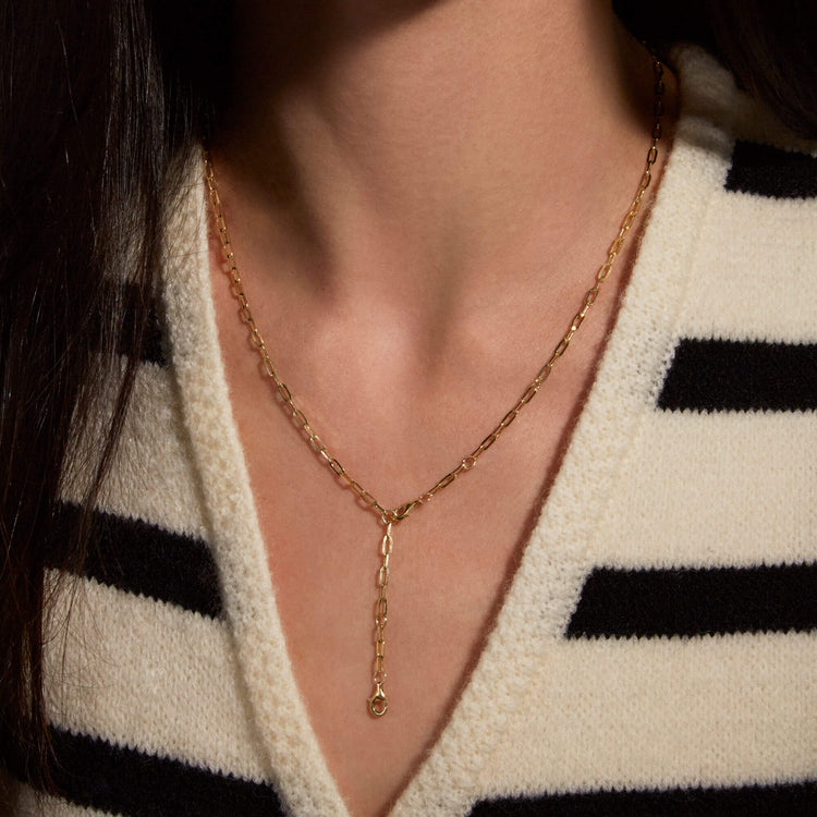 Image of 14K Yellow Gold Pivot by Stone and Strand Paperclip Chain on Models Neck