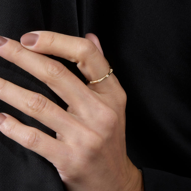 Image of 14K Yellow Gold Pave Bamboo Eternity Ring on Models Hand