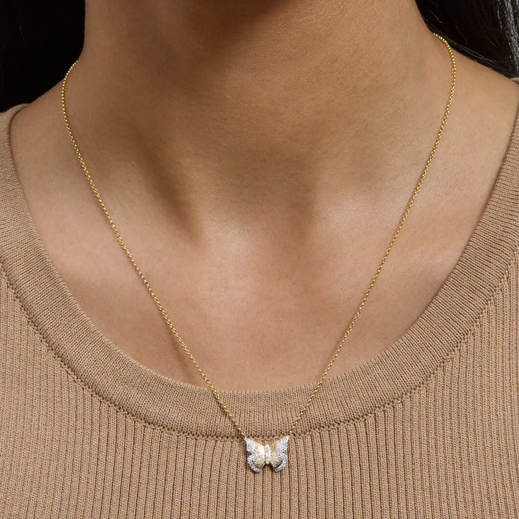 Image of 14K Yellow Gold Pave Diamond Butterfly Necklace on Models Neck