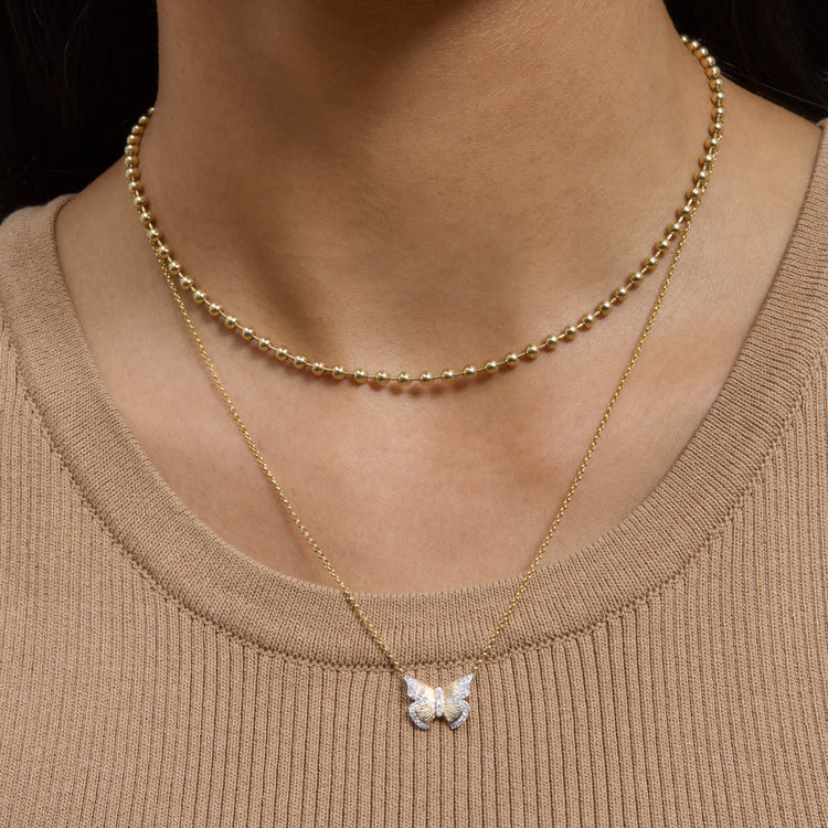 Image of 14K Yellow Gold Pave Diamond Butterfly Necklace with Stone and Strand Necklaces