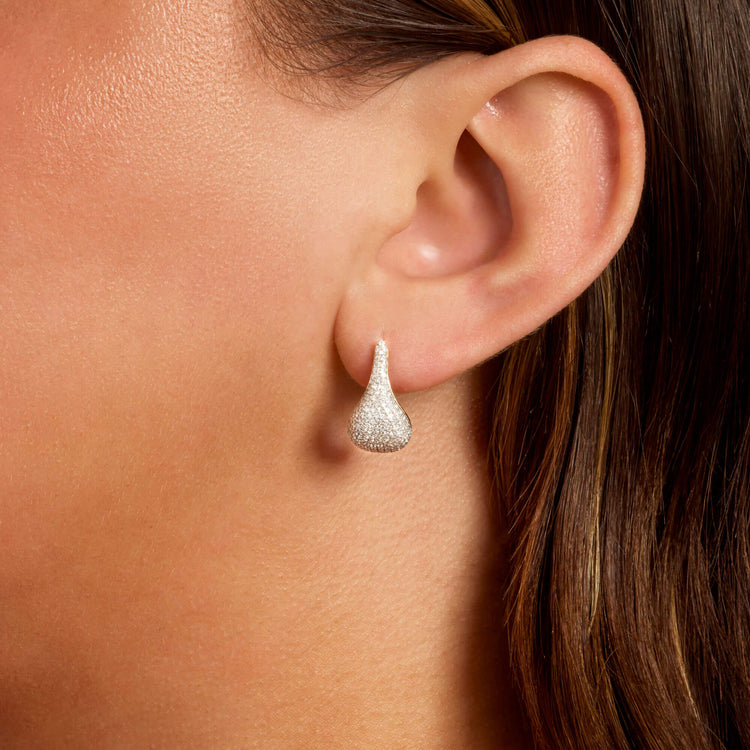 Image of 10K Yellow Gold Pave Diamond Droplet Studs on Models Ear