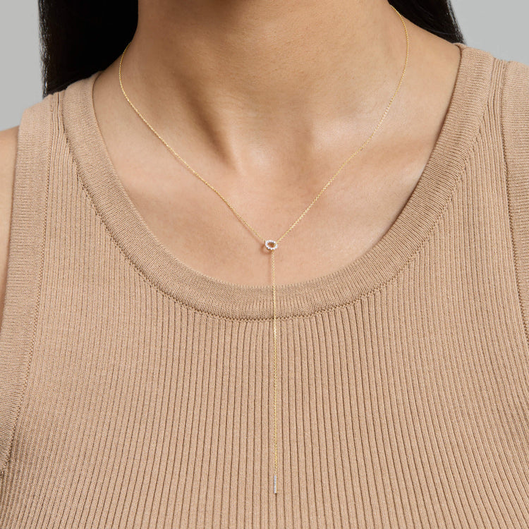 Image of 14K Yellow Gold Pave Diamond Open Circle Lariat Necklace on Models Neck