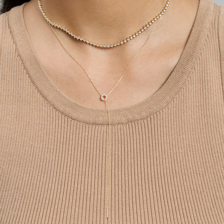 Image of 14K Yellow Gold Pave Diamond Open Circle Lariat Necklace with Stone and Strand Necklaces
