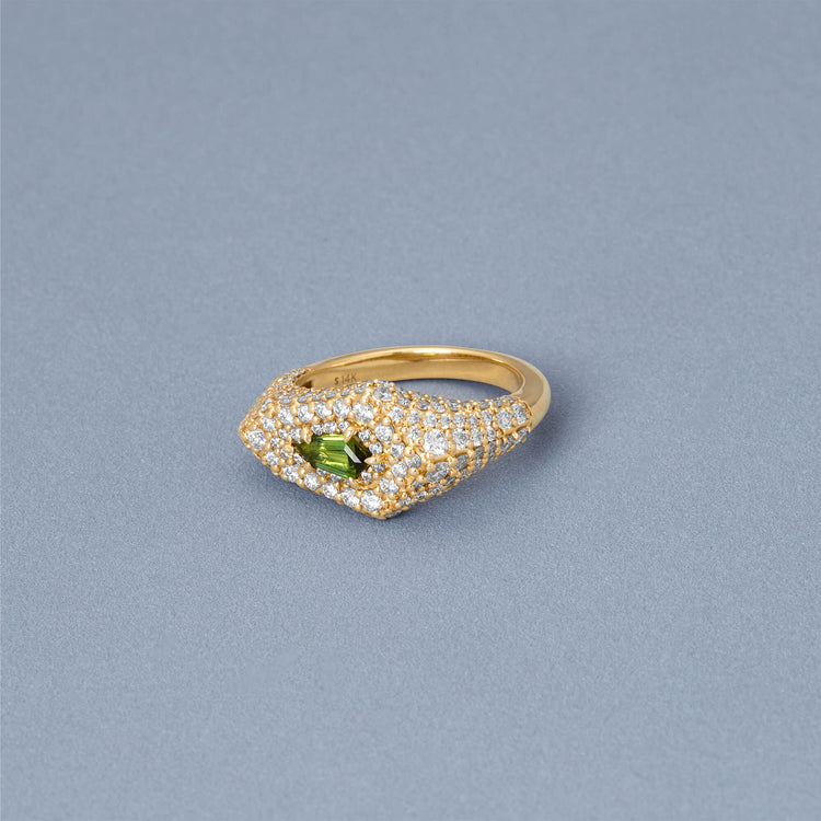 Stone and Strand 14K Yellow Gold Pave Encrusted Green Tourmaline Shield Signet Ring Editorial Image