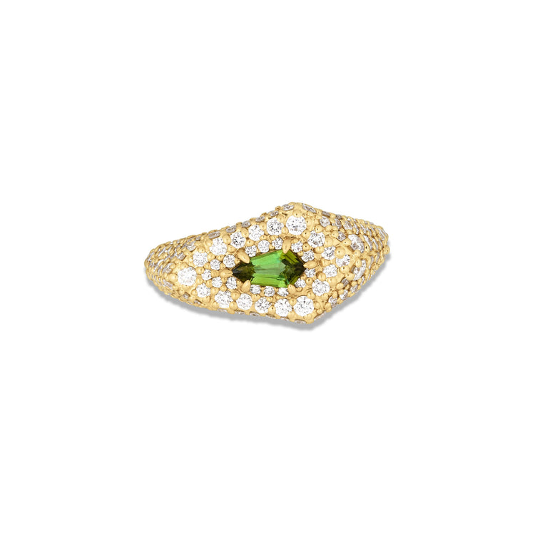 Stone and Strand 14K Yellow Gold Pave Encrusted Green Tourmaline Shield Signet Ring Front Image