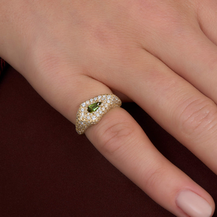 Image of 14K Yellow Gold Pave Encrusted Green Tourmaline Shield Signet Ring on Models Hand