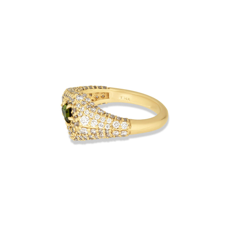Stone and Strand 14K Yellow Gold Pave Encrusted Green Tourmaline Shield Signet Ring Side Image