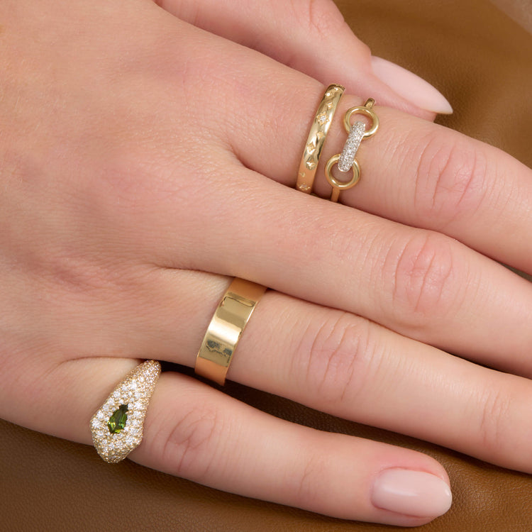 Image of 14K Yellow Gold Pave Encrusted Green Tourmaline Shield Signet Ring with Stone and Strand Rings