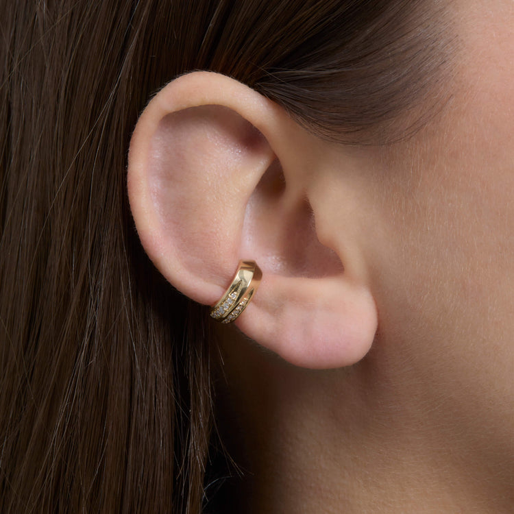 Image of 14K Yellow Gold Pave Knife Edge Ear Cuff on Models Ear
