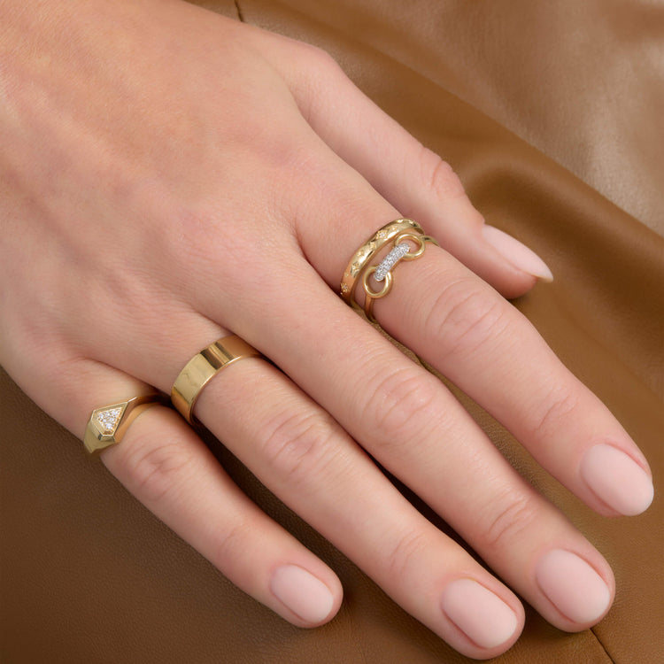 Image of 14K Yellow Gold Pave Shield Signet Ring with Stone and Strand Rings