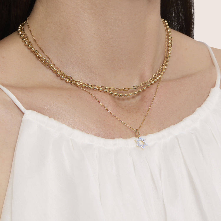 Image of 14K Yellow Gold Pave Star Of David Diamond Necklace with Stone and Strand Necklaces