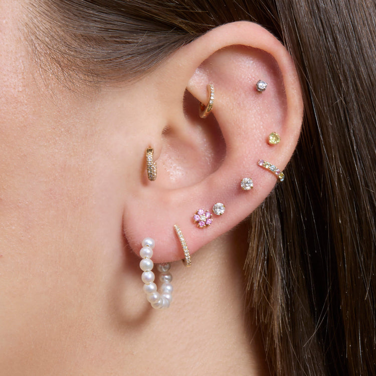 Image of 10K Yellow Gold Pearly Huggies with Stone and Strand Earrings