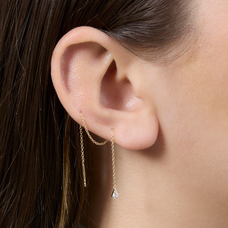 Image of 14K Yellow Gold Perfect Pear Diamond Threader Earrings on Models Ear