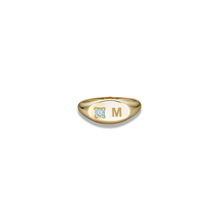Stone and Strand 10K Yellow Gold Personalized Birthstone Signet Ring with Blue Topaz Engraved Front Image