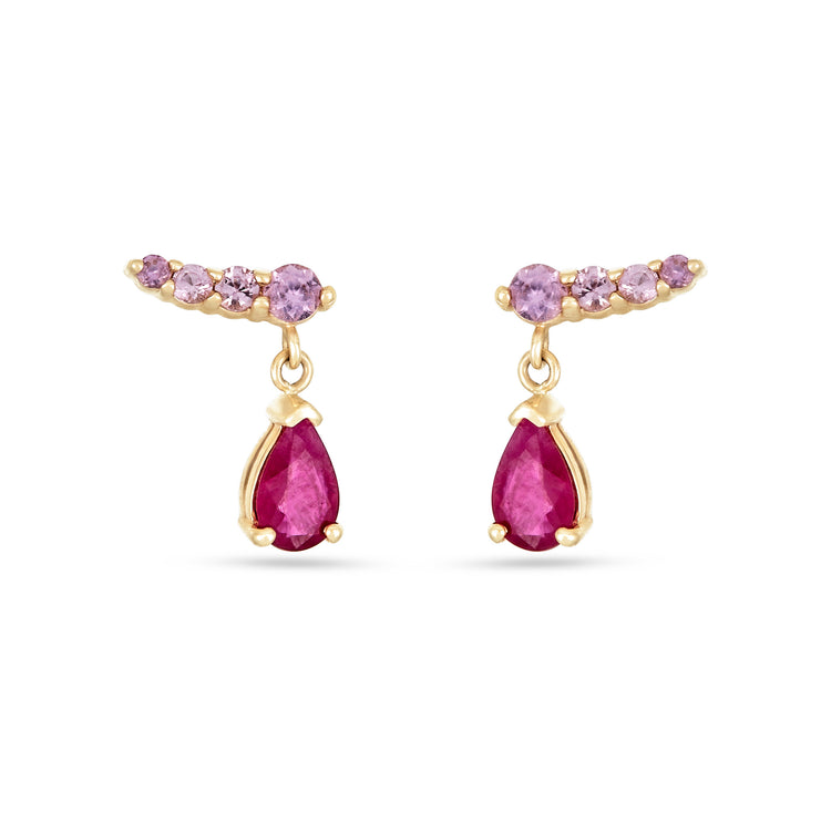 Stone and Strand 14K Yellow Gold Pink Power Pink Sapphire and Ruby Climber Earrings Front Image