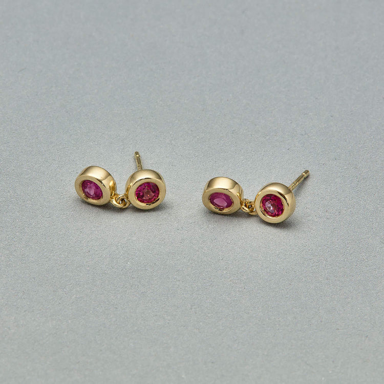 Stone and Strand 14K Yellow Gold Pink Topaz and Ruby Power Drop Earrings Editorial Image