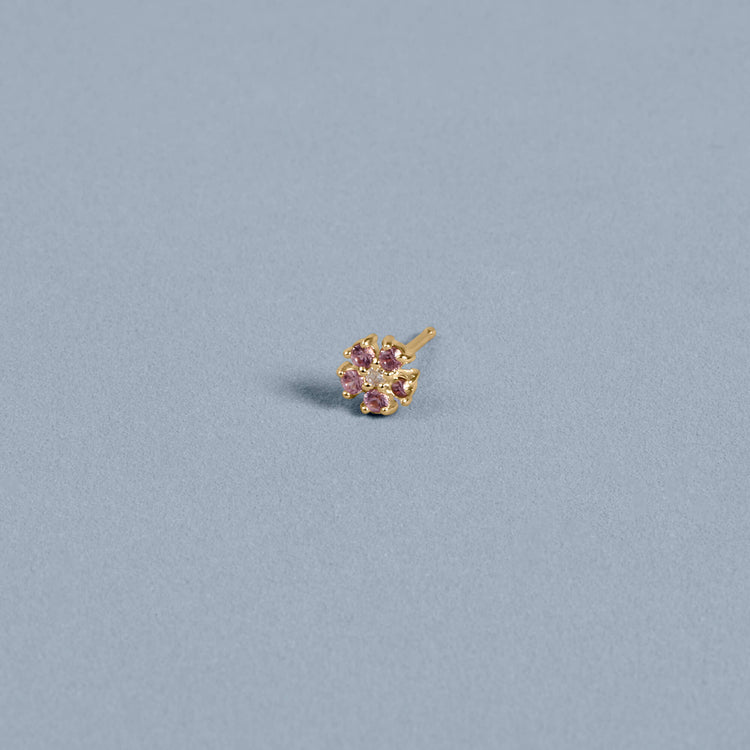 Stone and Strand 10K Yellow Gold Pink Sapphire and Diamond Flower Stud Editorial Image