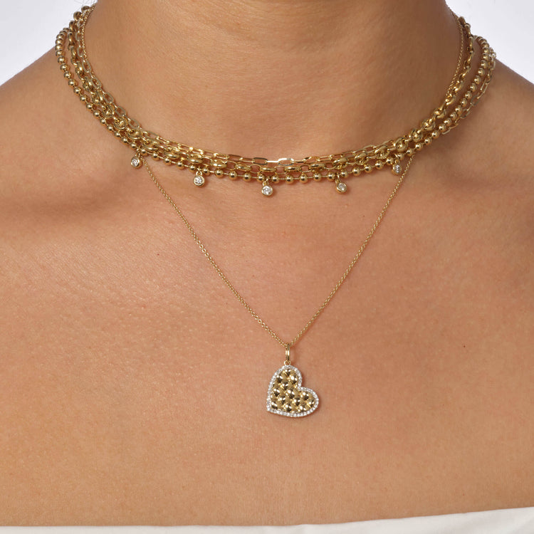 Image of 14K Yellow Gold Puff Puff Pave Heart Necklace with Stone and Strand Necklaces
